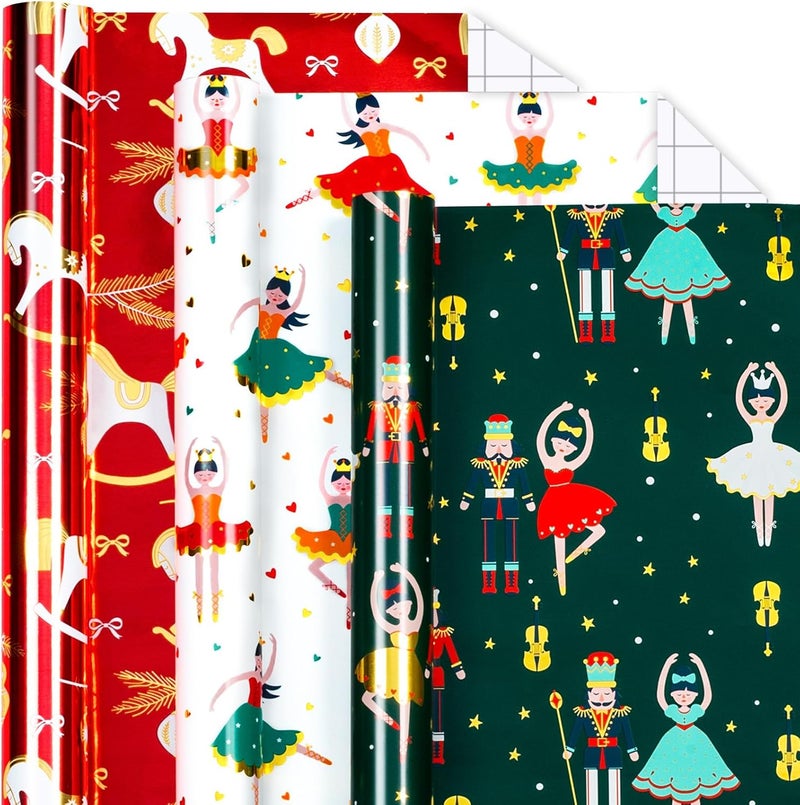 Yarcony Christmas Wrapping Paper Roll - 17In x 120In Per Roll - Metallic Foil Vintage Style Holiday Nutcracker, Red Rocking Horse, Christmas Ballet Present Gift Wrap Paper for Birthday, Baby Shower - Image 1